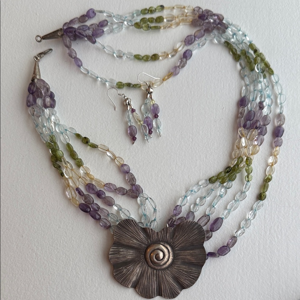 Gemstone Necklace/Earrings Set | Amethyst Peridot Citrine Aquamarine |silver
